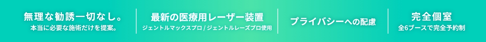 無理な勧誘一切なし。本当に必要な施術だけを提案。/最新の医療用レーザー装置/ジェントルマックスプロ / ジェントルレーズプロ使用/プライバシーへの配慮/完全個室 全6ブースで完全予約制